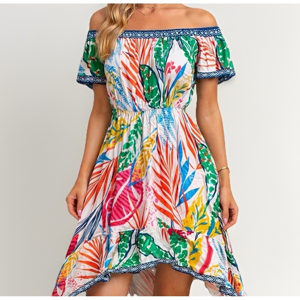 Flying Tomato Hi Low Rayon Maxi Dress S Tropical Print Off Shoulder Boho Summer
